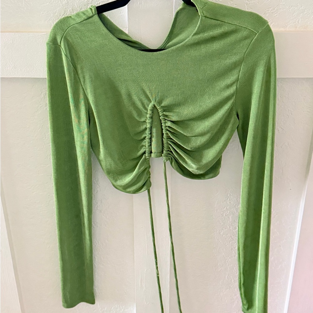 Green Ruched Long-Sleeve Crop Top